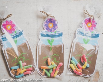 Mason jar party favors for gummy worms printable DIY mason jar flower vase for bug party, garden shower, butterfly party, spring birthday