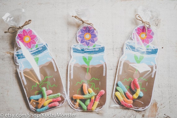 Mason jar party favors for gummy worms printable DIY mason jar flower vase for bug party, garden shower, butterfly party, spring birthday Il_570xn