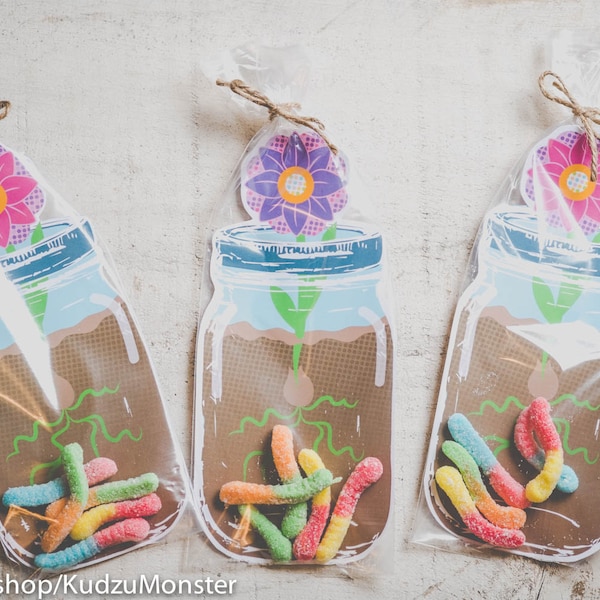 Mason jar party favors for gummy worms printable DIY mason jar flower vase for bug party, garden shower, butterfly party, spring birthday