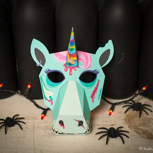 Printable ZOMBIE Unicorn Paper Mask Creepy Cute Halloween or Unicorn Birthday Party DIY print at home cute mask craft for kids or adults image 3