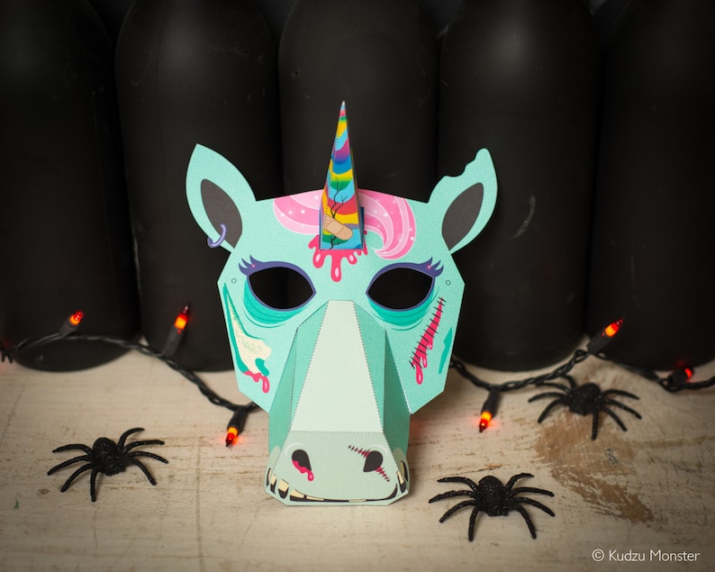 Printable ZOMBIE Unicorn Paper Mask Creepy Cute Halloween or Unicorn Birthday Party DIY print at home cute mask craft for kids or adults image 3