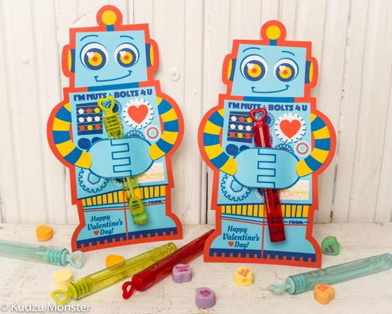 Cute robot valentine's day printable card with treat holder non candy Valentine, candy hugger, bubble valentine, DIY robot valentine file Il_570xn