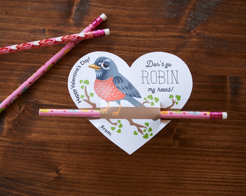 Printable Birding Pencil Heart Shaped Valentines Robin my Heart, Instant Download Non candy valentines DIY cute print at home image 1