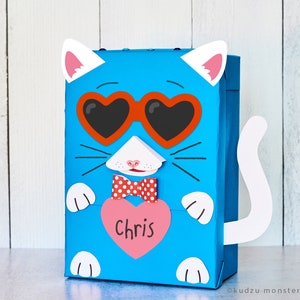 Cat Valentine Bag or Box Printable Decor Kit 3D snout, paws, tail, sunglasses, 3D Bowtie DIY kitty mailbox for school valentine's cards