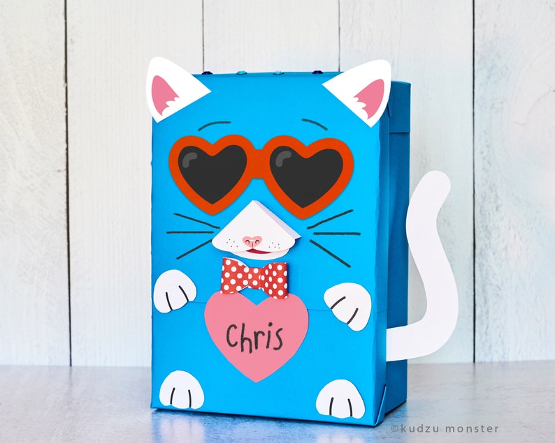 Cat Valentine Bag or Box Printable Decor Kit 3D snout, paws, tail, sunglasses, 3D Bowtie DIY kitty mailbox for school valentine's cards image 5