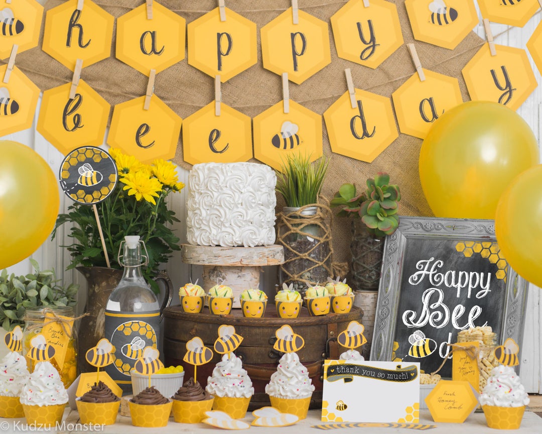 BEE Day Birthday Party Kit Bumble Bee Themed 1st Birthday, 2nd Birthday,  3rd Birthday Cute Printable Ochre Grey Honeycomb & Stripes Decor 