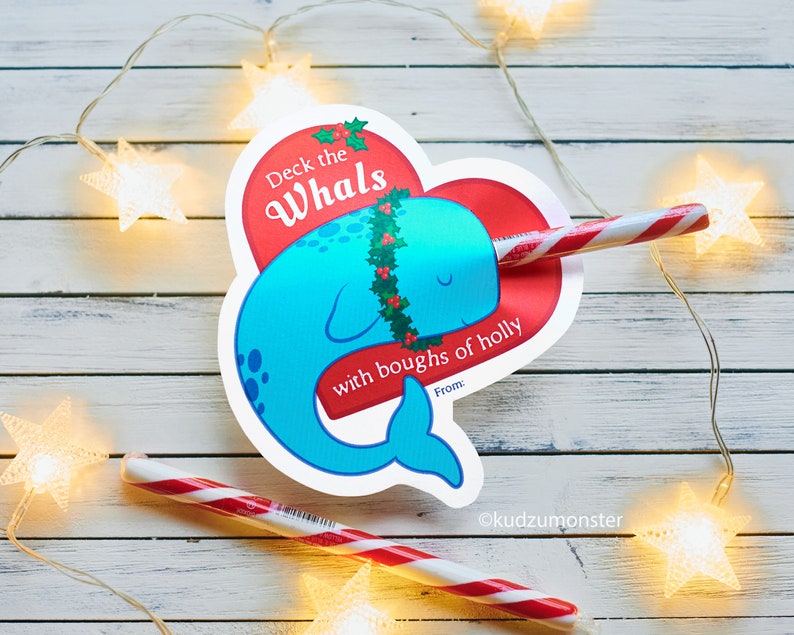 Narwhal Horn Christmas Candy Cane Holder Card for Kids image 1