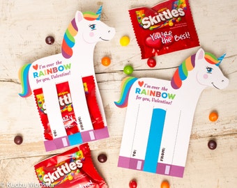 Rainbow Unicorn Valentines Printable DIY Instant Download Skittles Colorful Candy holders horse shaped Valentine's day cards for school