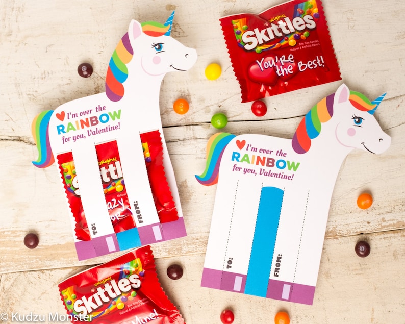 Rainbow Unicorn Valentines Printable DIY Instant Download Skittles Colorful Candy holders horse shaped Valentine's day cards for school 