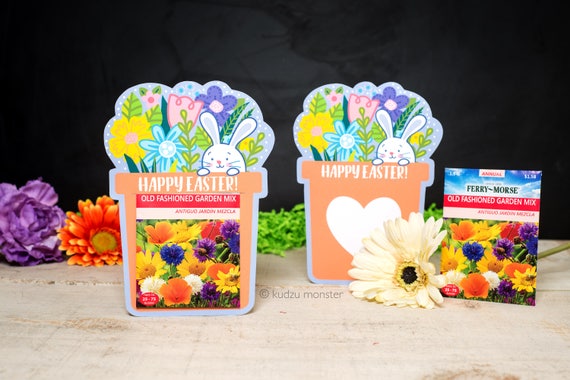 Easter Bunny Flower Pot Printable Card to hold seed packets as a unique Spring time gift Carrot seeds, flower seed DIY gardening springtime Il_570xn