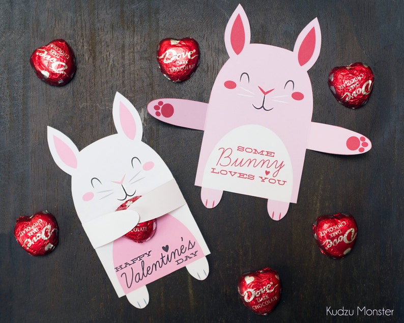 Woodland Bunny Rabbit Classroom Candy Holder valentines cute animals hug individual candy valentine card Valentine's day chocolate holders image 1