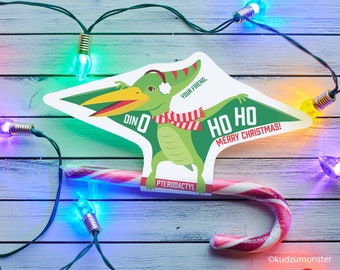 Dinosaur Pterodactyl Christmas Candy Cane Holder Card for Kids Classroom Holiday Party Favor Instant Download Printable Funny