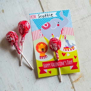 DESCARGA INSTANTE Imprimible Aula San Valentín circo elefante león sello gran impresión superior en casa tarjetas de soporte de ventosa