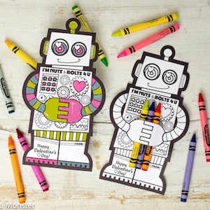 Robot Coloring Valentine with crayon holder. Cute unique non candy robot printable DIY valentines crayons cards classroom activity craft