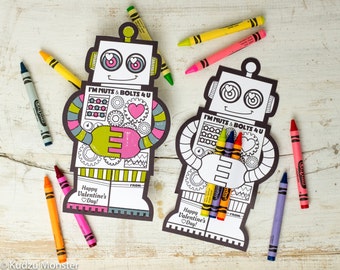 Robot Coloring Valentine with crayon holder. Cute unique non candy robot printable DIY valentines crayons cards classroom activity craft