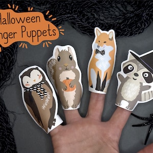 Printable Woodland Animal Finger Puppets - Cute Halloween Kids Activity - Owl, Squirrel, Fox, and Raccoon Witch - Paper Doll Theatre DIY