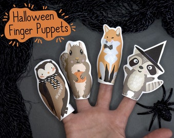 Printable Woodland Animal Finger Puppets - Cute Halloween Kids Activity - Owl, Squirrel, Fox, and Raccoon Witch - Paper Doll Theatre DIY