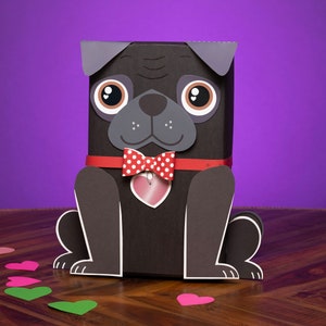 Black Pug Valentine Box Printable Decor Kit, Cute Puppy Dog Valentine's Mailbox Craft Kit DIY Shoebox,  Print at Home