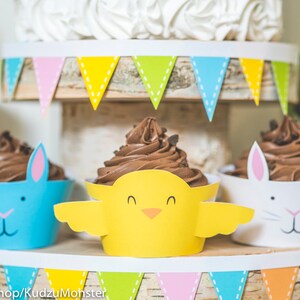 Easter printable cupcake wrappers cute easter animals for kids baby chick and easter bunny yellow blue and white DIY cupcake kit instant