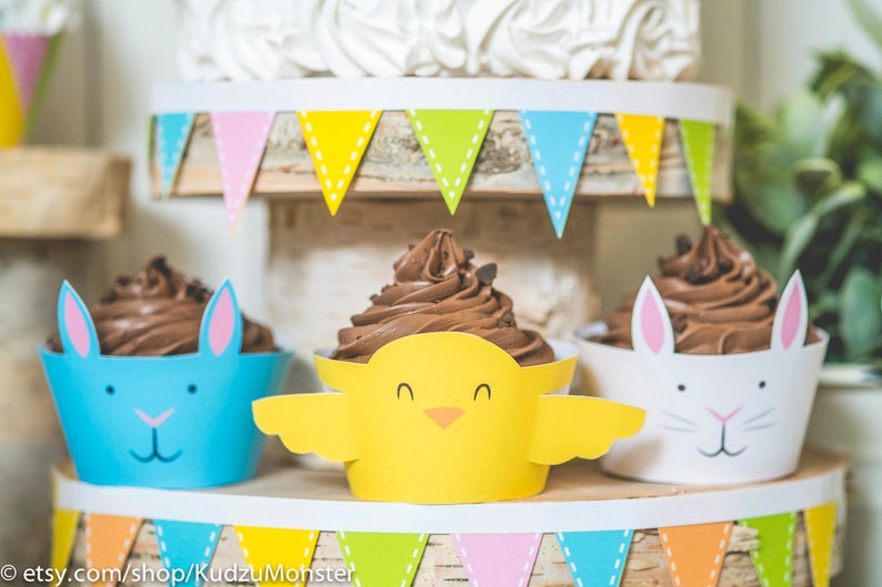 Easter printable cupcake wrappers cute easter animals for kids baby chick and easter bunny yellow blue and white DIY cupcake kit instant image 1