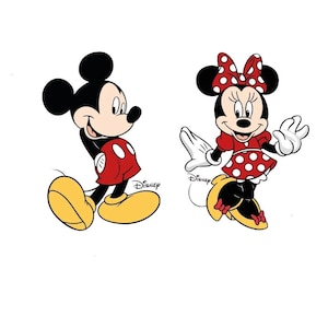 May include: Illustration of Mickey Mouse and Minnie Mouse. Mickey is in a red shirt with white buttons, yellow shoes, and black shorts. Minnie is in a red dress with white polka dots, a red bow, and yellow shoes. The Disney logo is visible.
