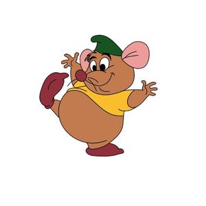 Peut inclure: Illustration de dessin animé d'une souris brune avec une chemise jaune, un chapeau vert et des chaussures marron. La souris a des oreilles roses, un nez rouge et une expression souriante. La souris est en pose de danse.