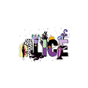 Pode incluir: Num fundo branco, o nome "ALICE" &eacute; exibido em letras grandes e decorativas. Cada letra &eacute; adornada com um vil&atilde;o da Disney diferente, como Cruella de Vil, &Uacute;rsula, Mal&eacute;fica e a Rainha M&aacute;.