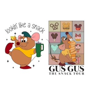 Puede incluir: Ilustración de dibujos animados de un ratón con queso y un vaso verde, con el texto "lookin' like a snack". Junto a él, una cuadrícula de iconos de aperitivos y un ratón con una pila de aperitivos. El texto dice "Gus Gus The Snack Tour."