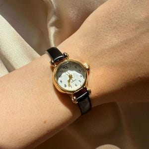 Women&#39;s Minimal Retro Gold Round Framed Wristwatch, Vintage Minimalist Dainty Watch, Black Faux Leather Strap, Present Idea, Ladies Watch