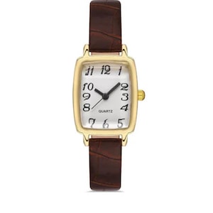 Women&#39;s Leather Minimal Vintage Tumbled Gold Framed Wristwatch, Minimalist Dainty Retro Watch, Brown Leather Strap , Present Ideas
