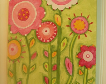 Flower Garden canvas painting 11 x 14 Original hand painted Girl room decor Baby shower nursery Children wall art Kid bedroom Pink green red