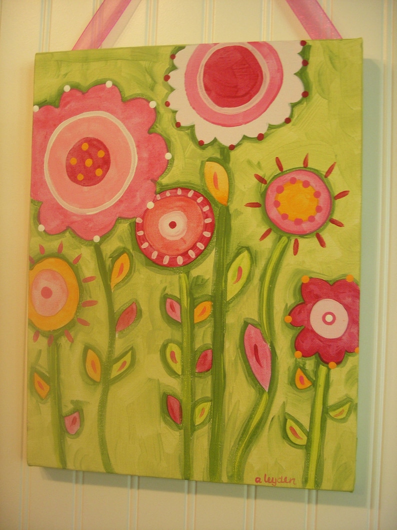 Flower Garden canvas painting 11 x 14 Original hand painted Girl room decor Baby shower nursery Children wall art Kid bedroom Pink green red Bild 1