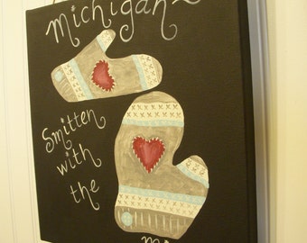 Michigan mitten Original canvas painting 12 x 12 artwork Hand painted wall art Chalkboard home decor Handmade State Smitten Folk