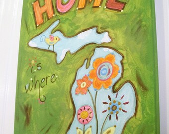 Michigan Canvas Painting Home is Where the Hand Is Original Primitive folk art 11 x 14 Wall artwork Aqua blue green Flower bird state