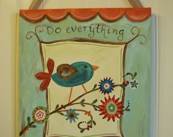 Do Everything in Love Original canvas painting 11 x 14 Primitive folk art Hand painted wall artwork Room decor Bible verse Religious Bird