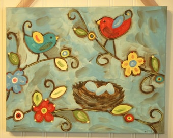 Bird nest painting Canvas Primitive folk art 11 x 14 Original wall art Family Home Decor Wall Hanging Eggs Tree Flowers Aqua blue Red Brown