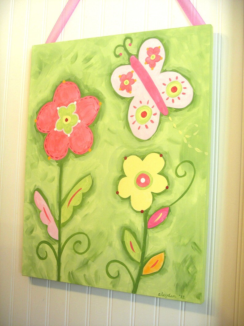 Flower Garden canvas painting 11 x 14 Original hand painted Girl room decor Baby shower nursery Children wall art Kid bedroom Pink green red Bild 4