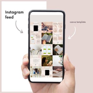 May include: A phone screen displaying a Canva template for an Instagram feed. The template features a grid of nine images related to reading, including book covers, reading progress charts, and quotes. The text "Reading Progress" is visible in the top right image.