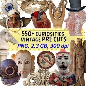 May include: A collection of 550+ vintage curiosities, pre-cut and ready to use. The image features a variety of items, including a human heart, a clown mask, a wooden angel, a human brain, and a vintage sign. The image is labelled "550+ Curiosities Vintage Pre Cuts PNG, 2.3 GB, 300 dpi".