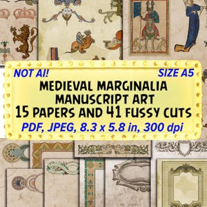 Afdrukbare digitale kieskeurige papiertjes, middeleeuws Marginalia Manuscript Art digitale afdrukbare ephemera, junkjournal, scrapbooking