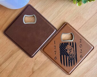 Personalized Vegan Leather Magnetic Bottle Opener Coaster Set | Engraved American Eagle & Flag