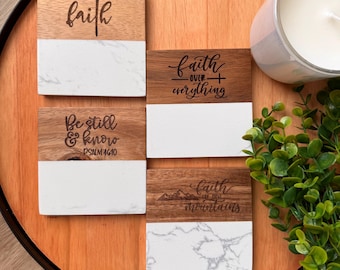 Acacia Wood & Marble Coaster Set: Engraved Wedding or Housewarming Gift