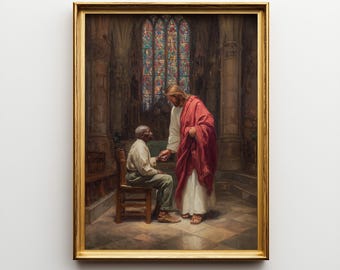Jesus Comforting Black Man in Church Oil Painting Print, Jesus in Church Oil Paint Style Christian Wall Art, Jesus Poster or Canvas Print