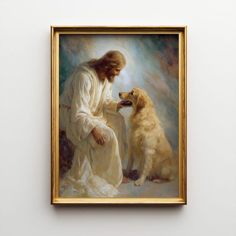 Jesus Petting Golden Retriever Oil Painting Print, Dog Memorial Gift ...