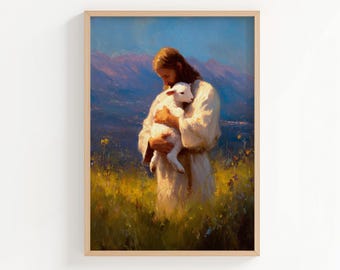Impresión de pintura al óleo de Jesús sosteniendo un cordero en el campo, arte mural cristiano estilo pintura al óleo de Jesús el Buen Pastor, póster o lienzo de Jesús