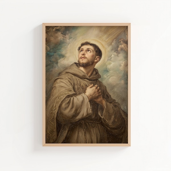 Impresión de pintura al óleo de San Francisco de Asís, arte mural católico de estilo óleo, póster o lienzo de San Francisco, regalo de arte cristiano