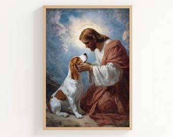 May include: Framed artwork depicting a man with long hair and a beard, dressed in a robe, interacting with a dog. The dog is white and brown. The background features a cloudy sky and a golden halo.