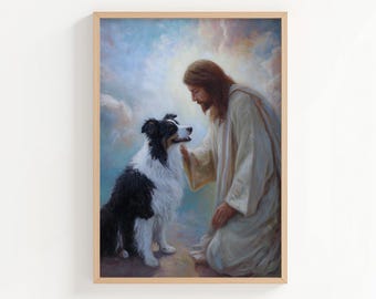 May include: Framed art print featuring a painting of a person in white robes with long brown hair, kneeling and petting a black and white dog. The background shows a cloudy sky with soft lighting.