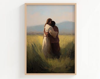 Jesus Embracing Black Man in a Field Abstract Oil Painting Print, Christian African American Oil Paint Style Jesus Poster or Canvas Wall Art