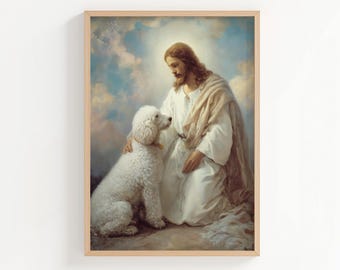 May include: A framed print depicts a serene scene of a figure in white robes with long brown hair, gently touching a fluffy white poodle. The background features a soft, cloudy sky, creating a peaceful and spiritual ambiance.